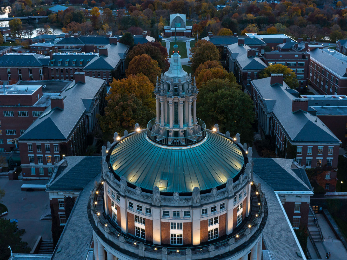 the Rush Rhees library tower from above