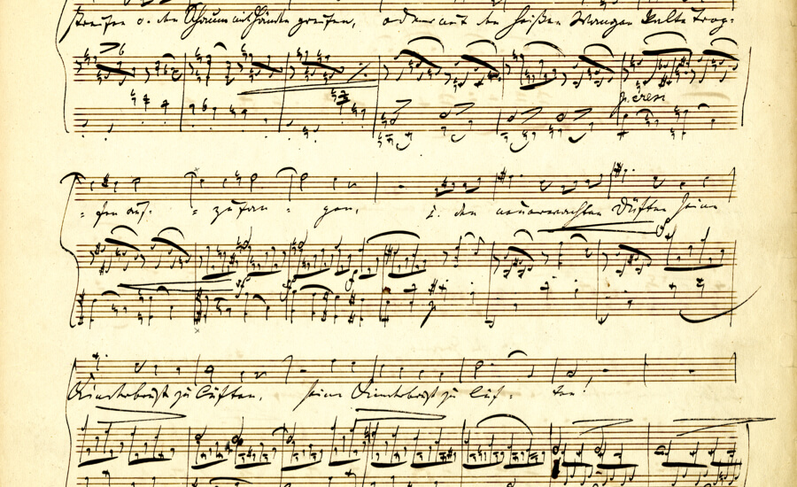 A handwritten page from a song manuscript, featuring musical notes and lyrics in elegant script.