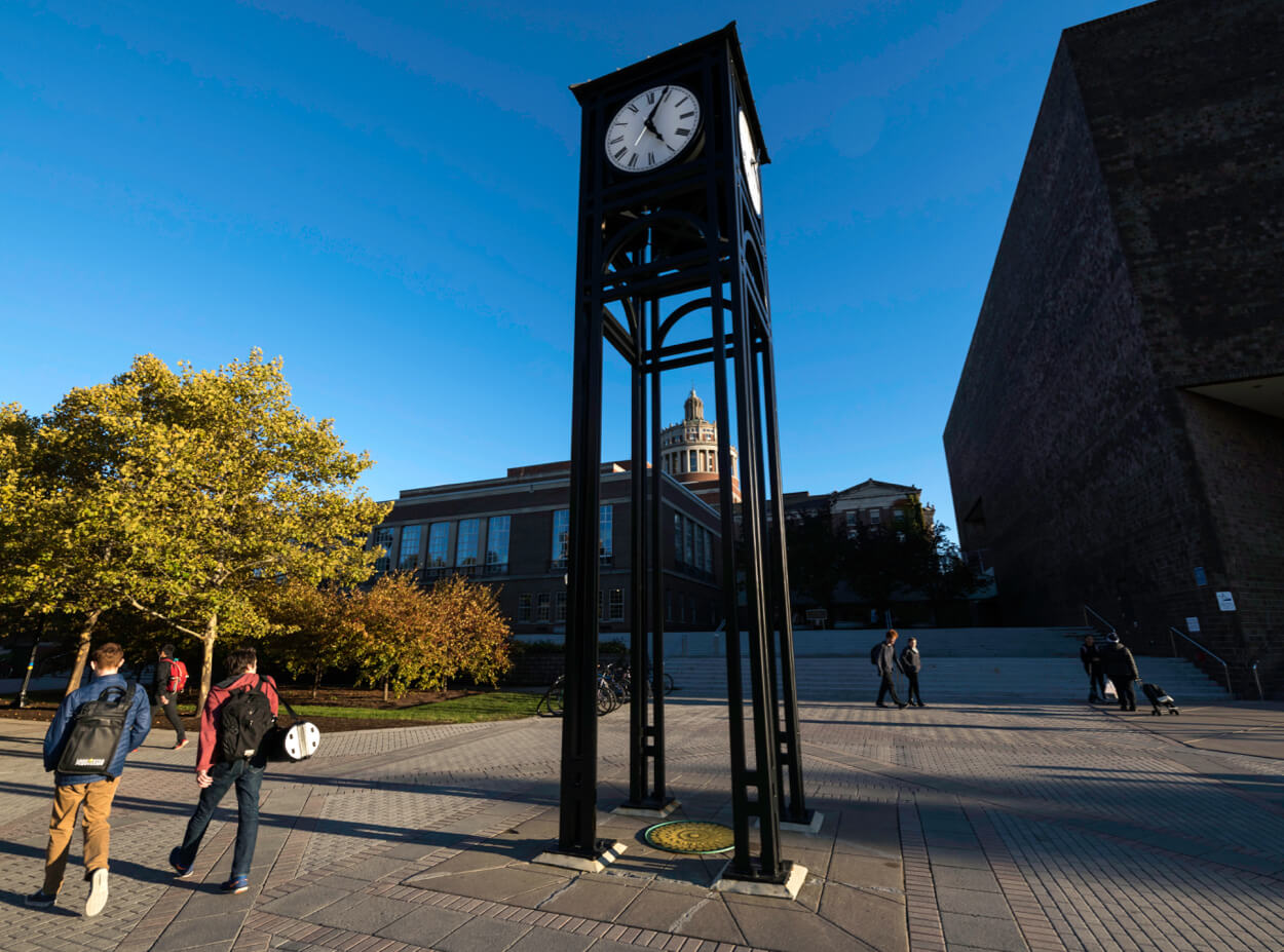 The clock tower on Dandelion Square at the University of Rochester