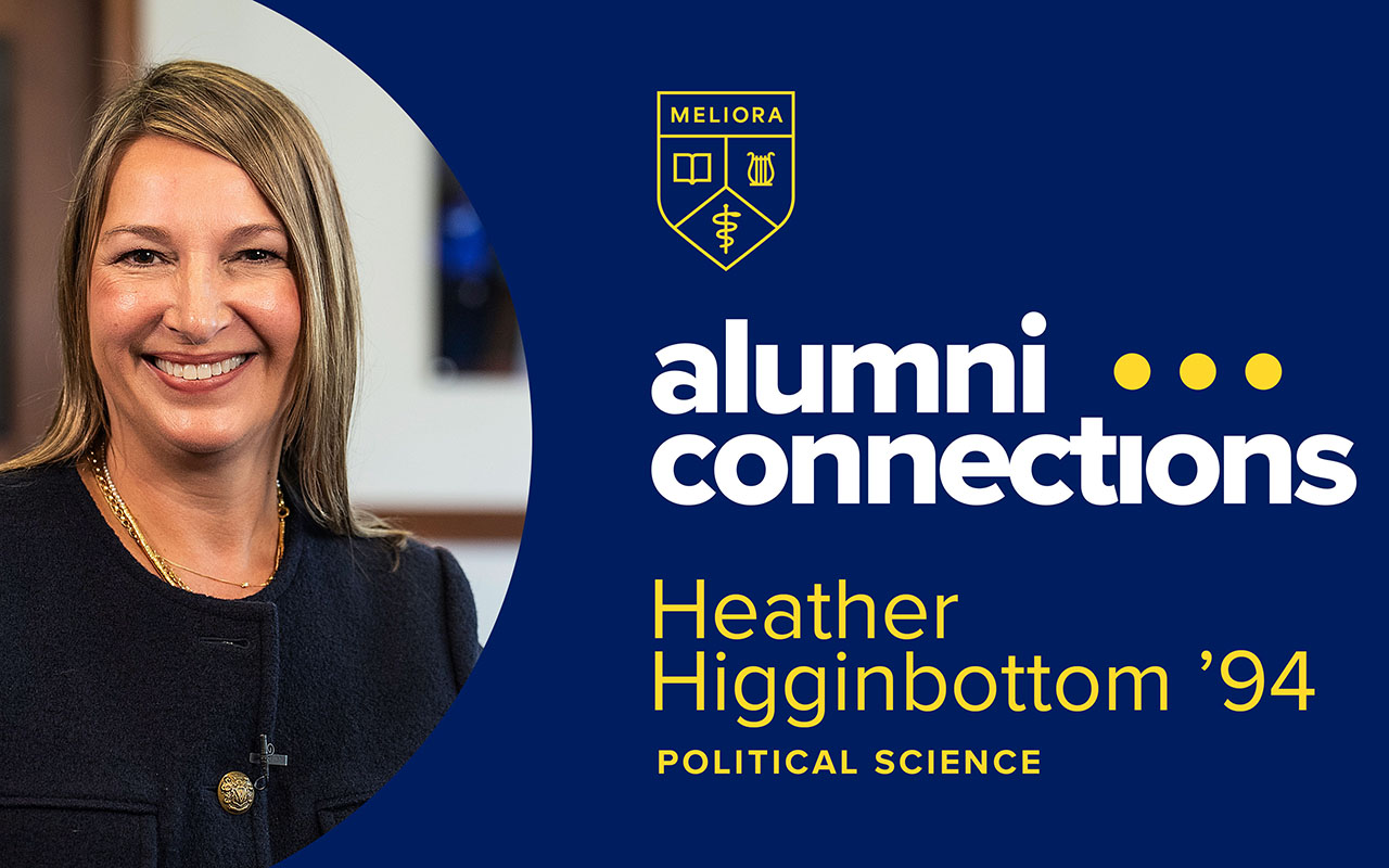 Portrait of Heather Higginbottom next to a design layout that shows the University of Rochester logo and reads "alumni connections: Heather Higginbottom '94, political science."