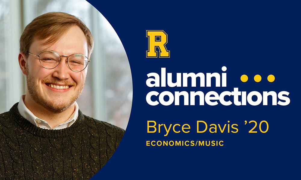 Graphic featuring Bryce Davis, the University of Rochester "spirit R," and the words "alumni connections."