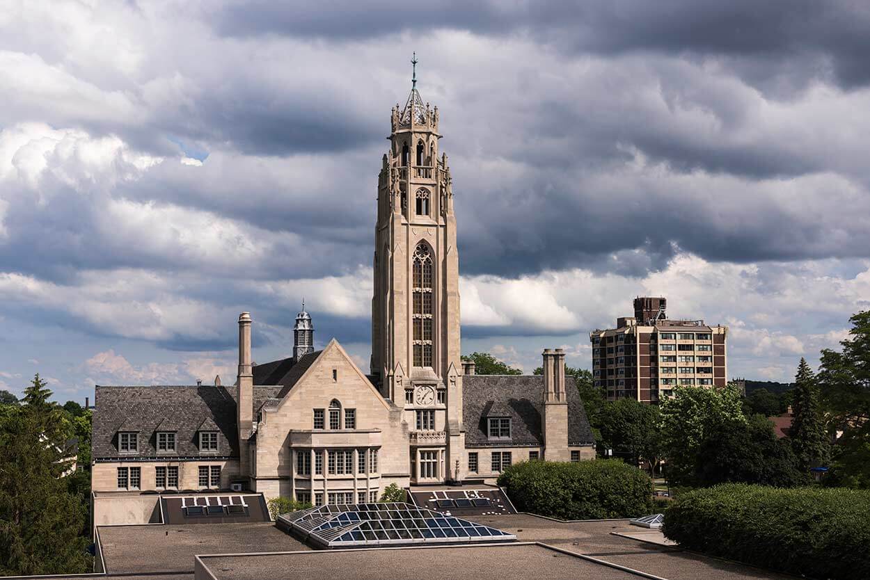 Memorial Art Gallery exterior showing a Tower against the city of Rohcester.