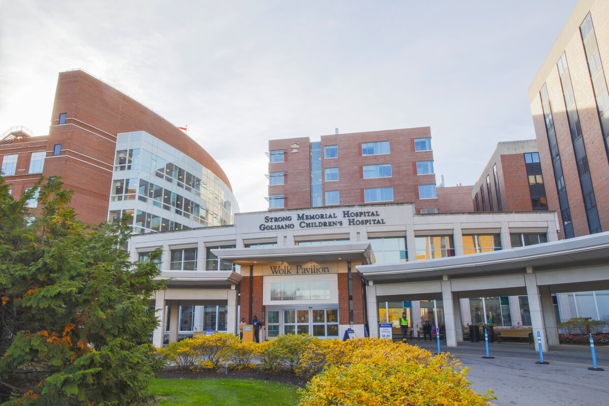 Strong Memorial Hospital at the University of Rochester, with a large building visible in the background.