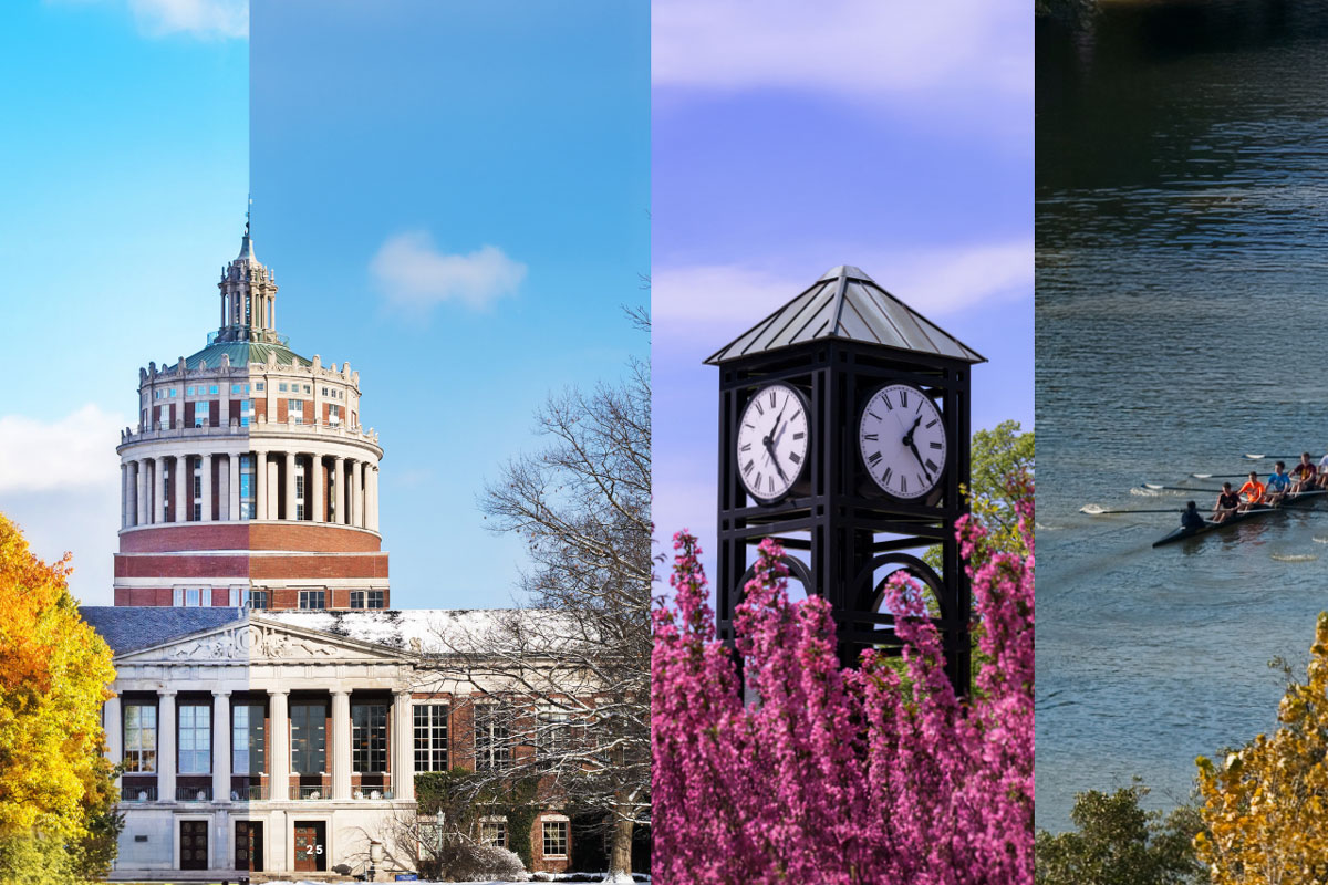 A collage of four images depicting University of Rochester buildings and a clock tower, representing fall, winter, spring, and summer.