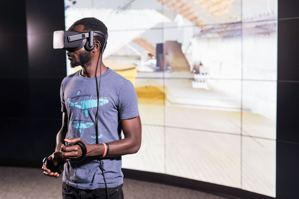 Student with AR/VR headset at University of Rochester