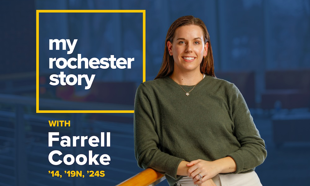 Farrell Cooke poses by a railing with a navy blue background and text reading 'My Rochester Story with Farrell Cooke '14, '19N, '24S'